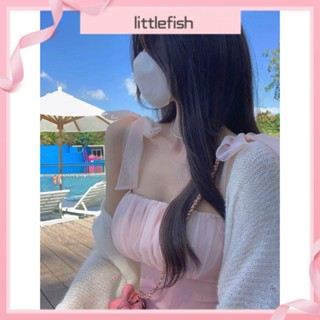 [littlefish] เสื้อแขนกุด ผ้าตาข่าย สีชมพู หรูหรา เหมาะกับฤดูใบไม้ผลิ และฤดูร้อน สําหรับเด็กผู้หญิง