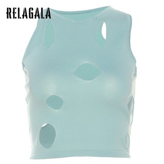 Relagala เสื้อครอปท็อปลําลอง แขนกุด คอลึก สีพื้น ทรงสลิม สําหรับผู้หญิง 2023