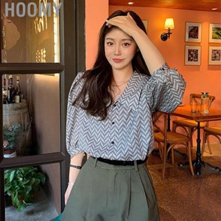 Hoomy Half Sleeve Blouse  V Neck Summer Loose Shirt Turndown Collar Polyester Fabric  for Leisure Scenes