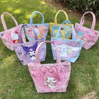 Sanrio Melody Kuromi Cinnamoroll Pom Pom Purin Pochacco Litter Twins Star กระเป๋าโท้ท หนัง กันน้ํา ลายการ์ตูนหัวใจ สําหรับใส่ข้าวสาร เบนโตะ (14.5)