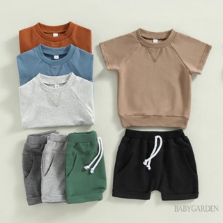 Babygarden-0-3 ปี ชุดเสื้อผ้าเด็กผู้ชาย ฤดูร้อน, เสื้อคอกลม แขนสั้น + กางเกงขาสั้น สีพื้น แบบผูกเชือก