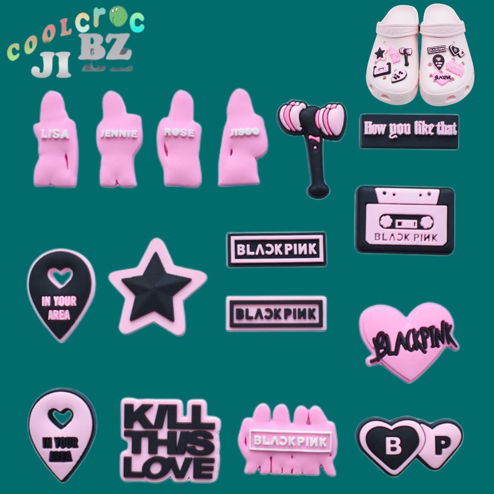 Jibbitz BlACK PiNK Crocs ตัวล็อกยาง PVC นิ่ม รูปดอกไม้ เครื่องประดับ สําหรับตกแต่งรองเท้าชายหาด DIY