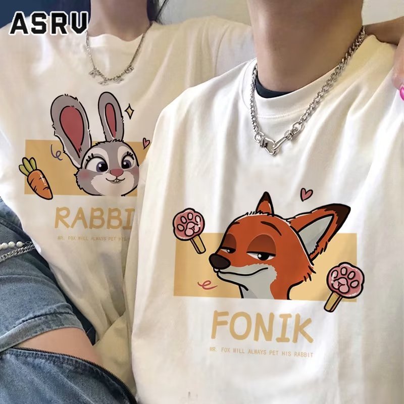 ASRV เสื้อยืดคอกลม 2023 แนวโน้มล่าสุดพิมพ์การ์ตูนเสื้อยืดคู่รักลำลองหลวมครึ่งแขนจับคู่ทั้งหมด