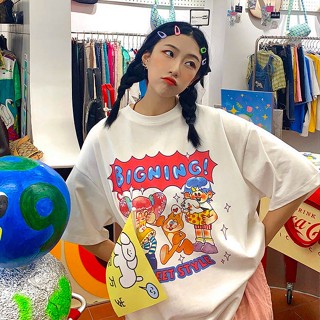 【TG-youzan】 INS Harajuku Style White Short-Sleeved T-shirt Female Student 100% Cotton Loose Slimming Letters Printed Half Sleeve Top Fashion i7hW