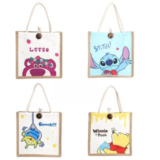 กระเป๋าช้อปปิ้ง ผ้าฝ้าย และผ้าลินิน ลาย Winnie the Pooh Oooooh STITCH LOTSO แบบเรียบง่าย สําหรับผู้หญิง