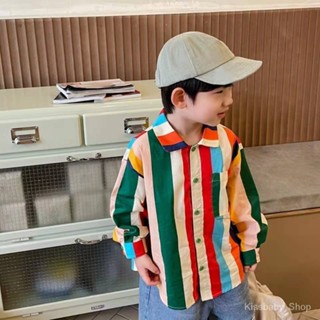 เสื้อเชิ้ตแขนยาว ผ้าฝ้ายแท้ พิมพ์ลายทาง สีรุ้ง แฟชั่นฤดูใบไม้ผลิ และฤดูร้อน สไตล์เกาหลี และญี่ปุ่น สําหรับเด็กผู้ชาย