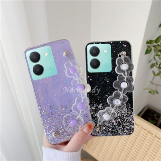 ใหม่ เคสโทรศัพท์มือถือ ซิลิโคนนิ่ม TPU ใส กันกระแทก แต่งกลิตเตอร์ฟอยล์สีทอง ลายดอกไม้ พร้อมสายคล้องมือ แฟชั่น สําหรับ VIVO Y36 4G 5G Y02T V27 5G 2023