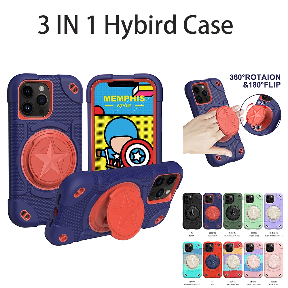 3-in-1 11 15 14PROMAX เคสแข็ง ไฮบริด กันกระแทก พร้อม 360° เคสโทรศัพท์มือถือ แบบพับได้ กันกระแทก หมุนได้ สําหรับ iPhone 12 13PROMAX 15PRO 14Plus