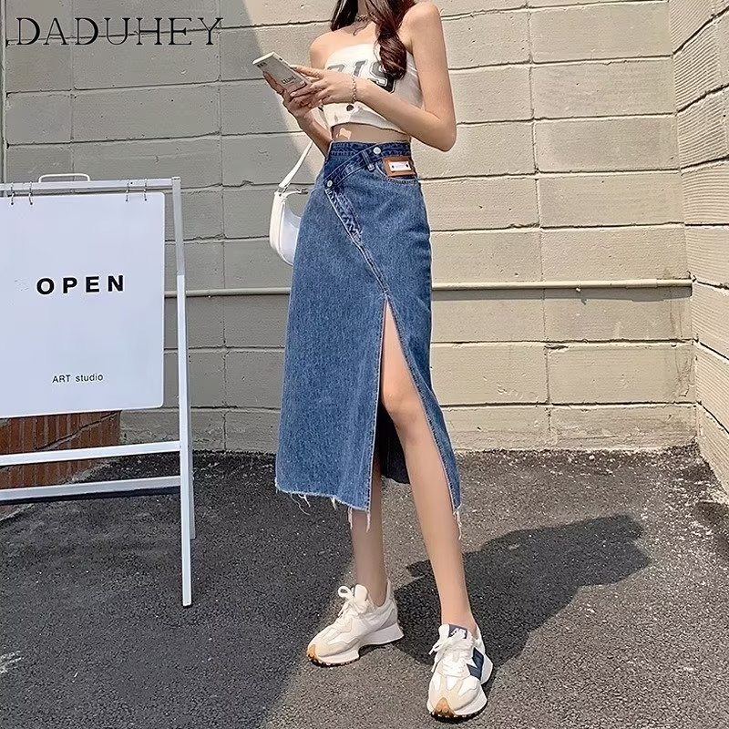 DaDuHey Women New Korean Style Ins Thin Section Slit Denim Skirt Niche High Waist A- line Skirt Bag Hip Skirt