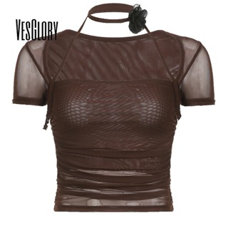 Vesglory เสื้อครอปท็อป แขนสั้น โปร่งแสง ลายดอกไม้ สีพื้น ทรงสลิมฟิต แฟชั่นสําหรับผู้หญิง 2023