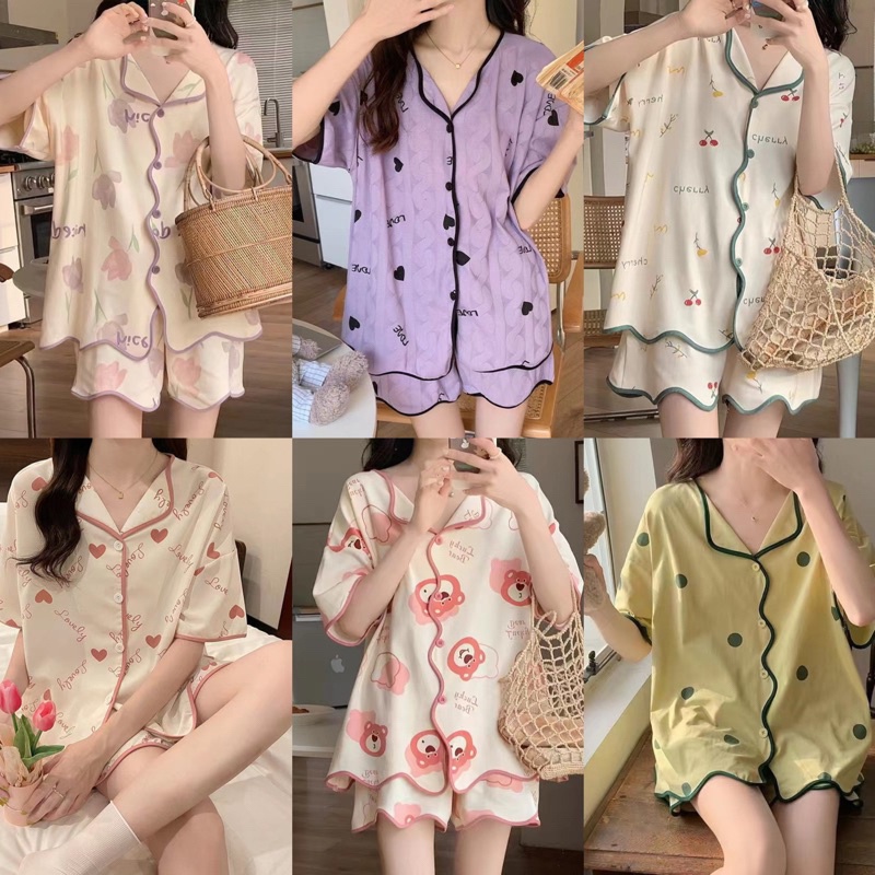 พร้อมส่ง ชุดนอนแขนสั้น กางเกงขาสั้น ผ้าฝ้าย ลายการ์ตูนน่ารัก