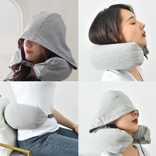 ✈️พร้อมส่ง✈️หมอนรองคอ Muji Style มี 100% cotton ปลอกถอดซักได้ ม้วนเก็บได้ พร้อมหมวก
