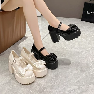 💗ส่งไวอยู่ไทย💗รองเท้าแมรี่เจนของใหม่ ตกแต่งโบว์ ส้นสูงแพลตฟอร์ม รองเท้าหนังแฟชั่นสไตล์เกาหลี