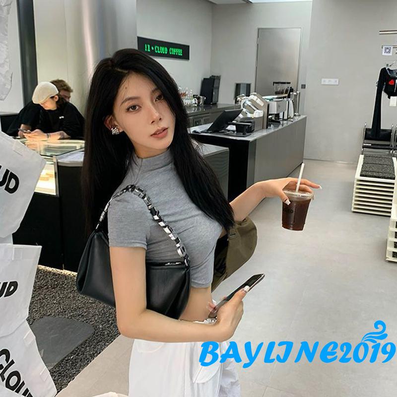 Bay-ผู้หญิงแขนสั้น Crop Tops สีทึบคอจําลองเสื้อยืดฤดูร้อนไม่สม่ําเสมอ Slim Fit เสื้อ Streetwear ราคา ถูกที่สุด ดีลบีเคเค แกลเลอรีภาพที่ 7
