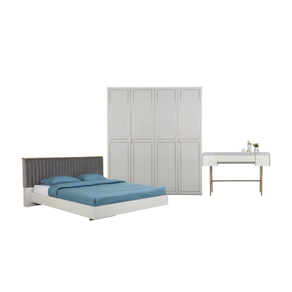 INDEX LIVING MALL ชุดห้องนอน รุ่นโคโค่ ขนาด 6 ฟุต (เตียง(พื้นเตียงทึบ), ตู้เสื้อผ้า 4 บาน, โต๊ะเครื่องแป้ง) - สีเทาอ่อน