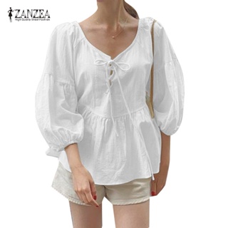 Zanzea เสื้อเบลาส์ คอวี แขนสามส่วน สีพื้น สไตล์เกาหลี สําหรับผู้หญิง