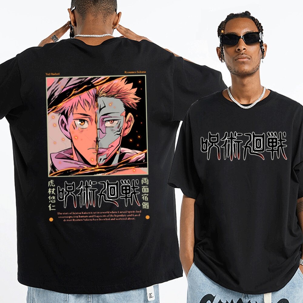 เป็นที่นิยม เสื้อยืดอะนิเมะ Jujutsu Kaisen พิมพ์สองด้าน Ryomen Sukuna T-shirt ผ้าฝ้าย 100% ฤดูร้อน ใ