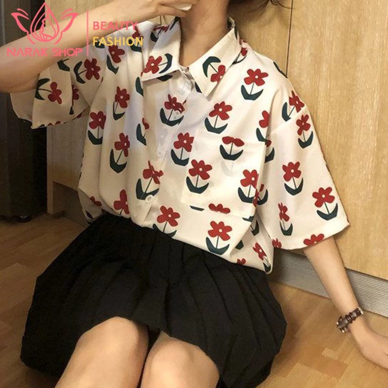 เสื้อเชิ้ตแขนสั้นคอปกกระดุมหน้า ลายดอกไม้ ผู้หญิง