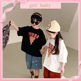 🍓GNR BABY🫐เสื้อยืดแขนสั้นลําลอง ผ้าฝ้าย พิมพ์ลายพิซซ่า ทรงหลวม สไตล์เกาหลี สําหรับเด็กผู้หญิง อายุ 3-12 ปี