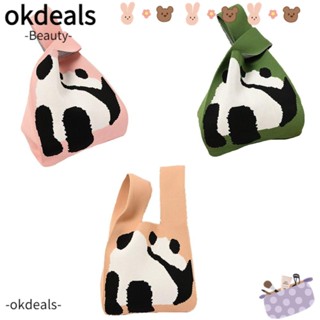 OKDEALS กระเป๋าถือ กระเป๋าช้อปปิ้ง ผ้าถัก ลายสก๊อต ลายแพนด้า ผูกปม สําหรับผู้หญิง