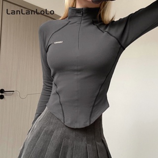 Lanlanlolo เสื้อยืดแขนยาว คอปก มีซิป สีพื้น แฟชั่นสําหรับผู้หญิง 2023