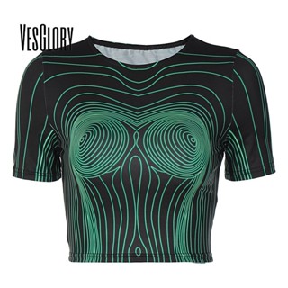 Vesglory เสื้อครอปท็อป คอกลม แขนสั้น พิมพ์ลาย สีตัดกัน เซ็กซี่ สําหรับผู้หญิง 2023