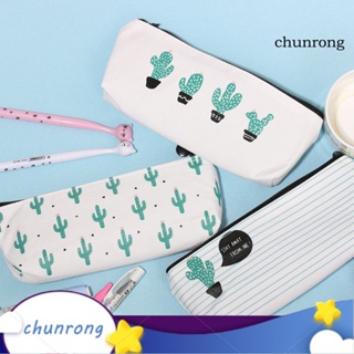 Chunrong กระเป๋าดินสอ กระเป๋าเครื่องสําอาง กระเป๋าผ้าแคนวาส พิมพ์ลายกระบองเพชร สีเขียว