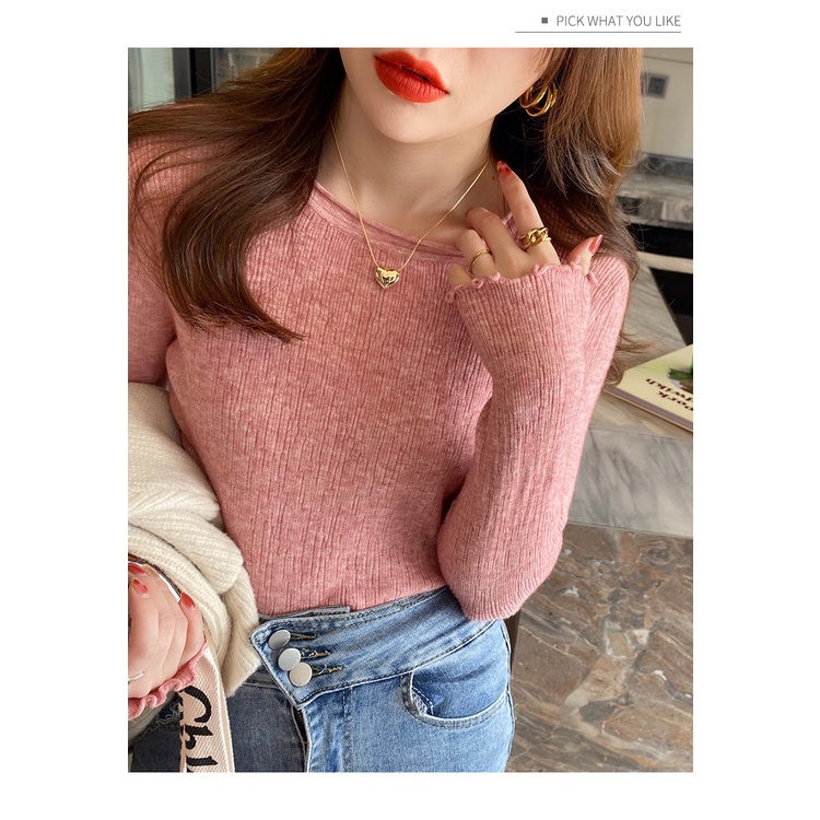 ซูซี สีทึบเรียบง่ายเสื้อถักผู้หญิงฤดูใบไม้ร่วงสลิมฟิตเสื้อแขนยาว - รูปที่ 5