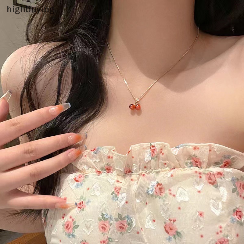 [highbuying] สร้อยคอ ต่างหูสตั๊ด จี้เชอร์รี่ สีไวน์แดง สีทอง เครื่องประดับแฟชั่น สําหรับผู้หญิง ของขวัญวันเกิด งานแต่งงาน สินค้าใหม่