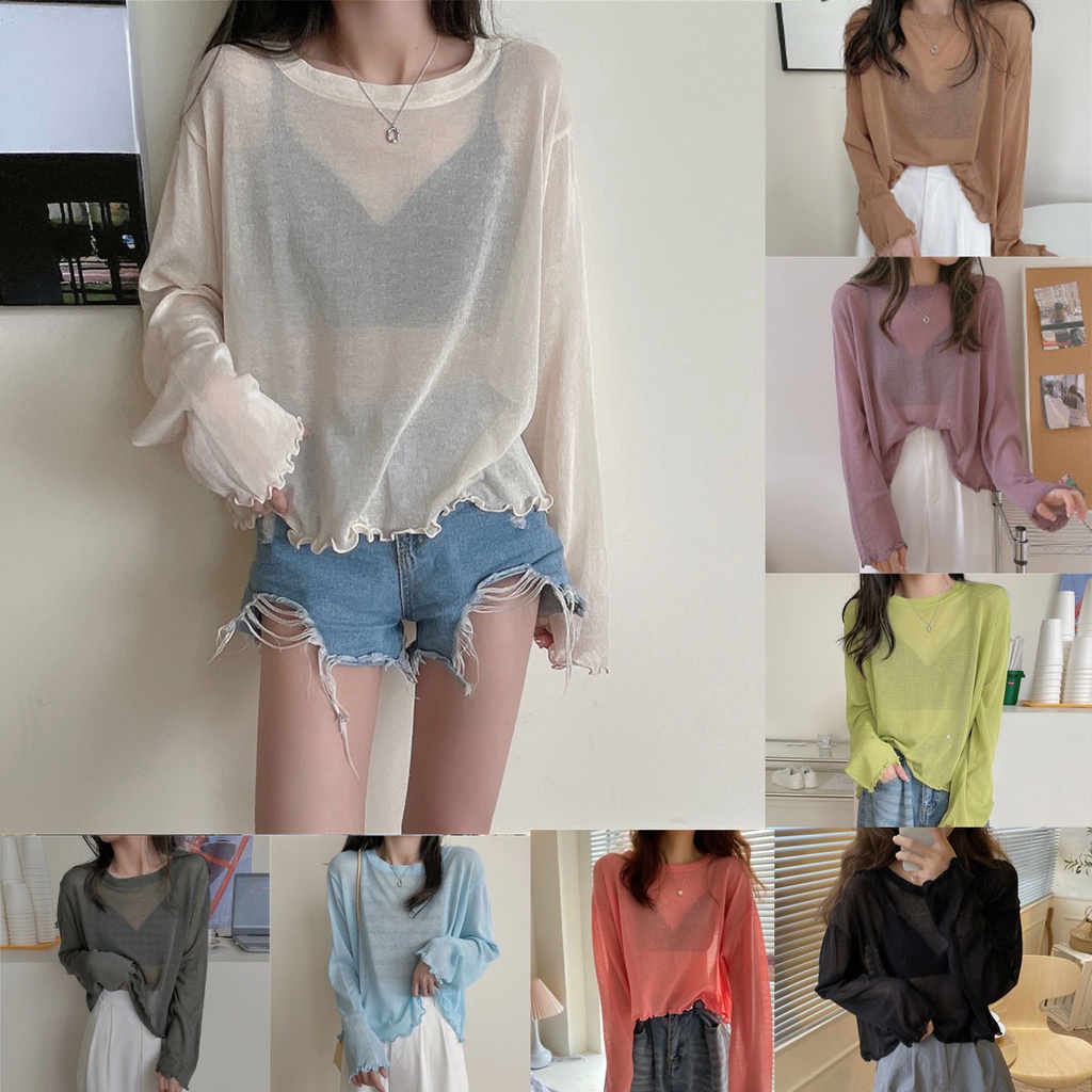 👚Anna👚 W248/W247❤️เสื้อยืดแขนยาว ผ้าเรยอน แบบบาง กันแดด ทรงหลวม แฟชั่นฤดูร้อน สําหรับผู้หญิง