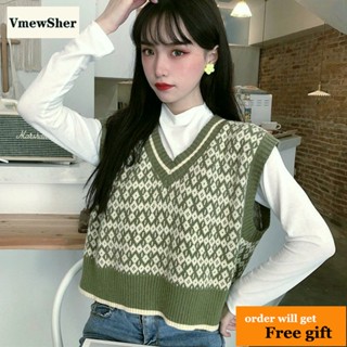 Vmewsher ใหม่ Argyle เสื้อกันหนาว คอวี แขนกุด ผ้าถัก ลายสก๊อต แฟชั่นฤดูใบไม้ผลิ สําหรับผู้หญิง