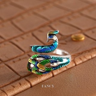 Fancy แหวนนิ้วมือ รูปนกยูง สีฟ้า สไตล์เรโทร เครื่องประดับ สําหรับผู้หญิง ของขวัญ