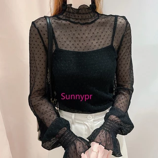 เสื้อเชิ้ต คอสูง แขนบาน ผ้าตาข่าย แต่งลูกไม้ สีขาว แฟชั่นฤดูร้อน สําหรับผู้หญิง