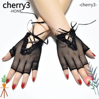 Cherry3 ถุงมือตาข่าย แบบครึ่งนิ้ว สีดํา สําหรับปาร์ตี้ฮาโลวีน 2 คู่