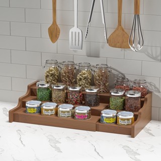 Spot second hair# factory direct hair 3 layers retractable bamboo flavor rack seasoning storage box bamboo trapezoid seasoning rack Brown seasoning 8.cc