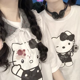 SANRIO ใหม่ เสื้อยืดลําลอง ผ้าฝ้าย แขนสั้น พิมพ์ลายการ์ตูน Hello Kitty ทรงหลวม โอเวอร์ไซซ์ สีขาว แฟชั่นฤดูร้อน สําหรับสตรี [RAIN]