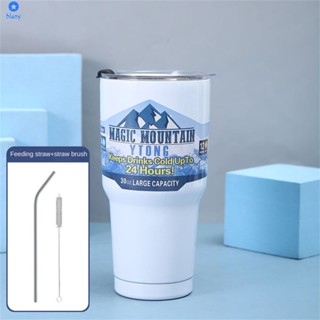 900ml 304 ถ้วยน้ำแข็งสแตนเลสความจุขนาดใหญ่ Straw Thermos Portable Car Cold Cup 【bluey】