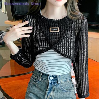 Massivedeals เสื้อครอปท็อปแขนยาว คอกลม ผ้าถัก แต่งรูกลวง แฟชั่นฤดูร้อน สําหรับผู้หญิง