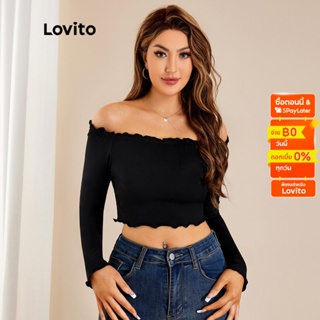 Lovito เสื้อยืด แบบครอป แขนยาว ชายเสื้อหยัก เปิดไหล่ สีพื้น สไตล์ลำลอง L22LD028 (สีดำ)