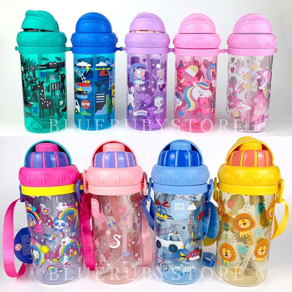 แก้วเก็บความเย็น พร้อมส่ง💕 กระติกน้ำเด็ก ลายSmiggle 430ml. หลอดเด้ง มีสาย กระบอกน้ำเด็กพกพา ขวดน้ำ ลายการ์ตูน BPA Free