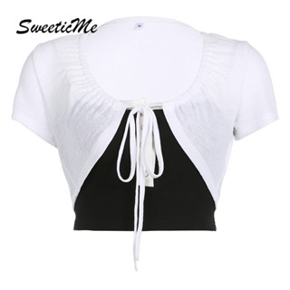 Sweeticme ใหม่ เสื้อยืดลําลอง แขนสั้น เข้ารูป เข้ากับทุกการแต่งกาย แฟชั่นสําหรับสตรี 2023