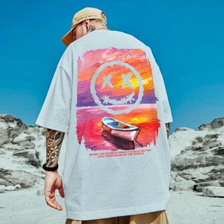 S-8XL Oversize Hong Kong trend brand national tide sunset smiling face short-sleeved T-shirt men and women trend lo_02