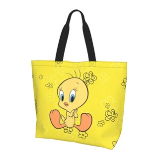 Tweety-bird กระเป๋าถือ กระเป๋าสะพายไหล่ ผ้าแคนวาส ทรงโท้ท ขนาดใหญ่ สามารถพับได้ ซักทําความสะอาดได้ สําหรับใส่ของชํา ช้อปปิ้ง