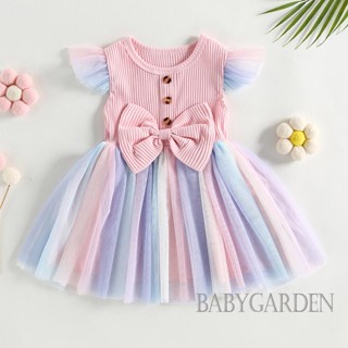 Babygarden-9m-4y ชุดเดรสเจ้าหญิง ทรงเอ ผ้าตาข่าย ประดับโบว์ สีรุ้ง แฟชั่นฤดูร้อน สําหรับเด็กผู้หญิง วัยหัดเดิน ชายหาด ปาร์ตี้