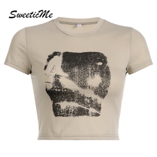 Sweeticme ใหม่ เสื้อยืดลําลอง แขนสั้น คอกลม พิมพ์ลาย สีตัดกัน เข้ากับทุกการแต่งกาย แฟชั่นสําหรับสตรี 2023