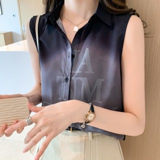 เสื้อเชิ้ตแขนกุด ผ้าชีฟอง คอปก ทรงหลวม พิมพ์ลาย แฟชั่นฤดูร้อน สําหรับผู้หญิง