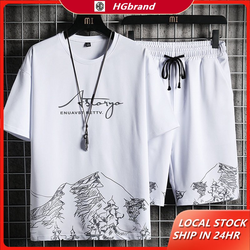 ชุดลำลองฤดูร้อนสำหรับผู้ชาย เสื้อยืดแขนสั้นและกางเกงขาสั้นสไตล์เกาหลี