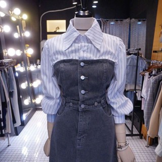 Korean striped shirt spliced denim dress female medium-long style temperament slim 2021 foreign style retro single-breasted button