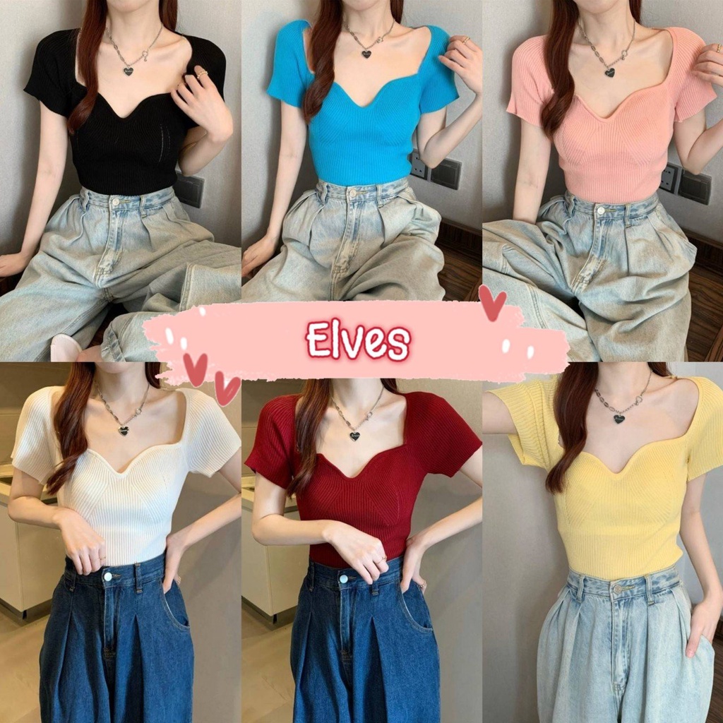 Elves พร้อมส่ง เสื้อไหมพรมแขนสั้น คอวีรัดรูปใส่สบายผ้าร่อง ~5972-1~ -C