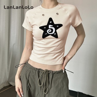 Lanlanlolo เสื้อยืดลําลอง แขนสั้น คอกลม เข้ารูป สีพื้น แฟชั่นสําหรับสตรี 2023